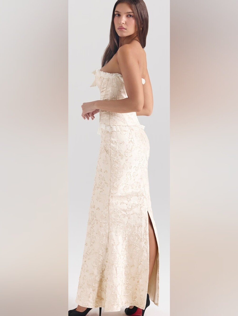 Elegant Cream Lace Midi Skirt With Corset Top